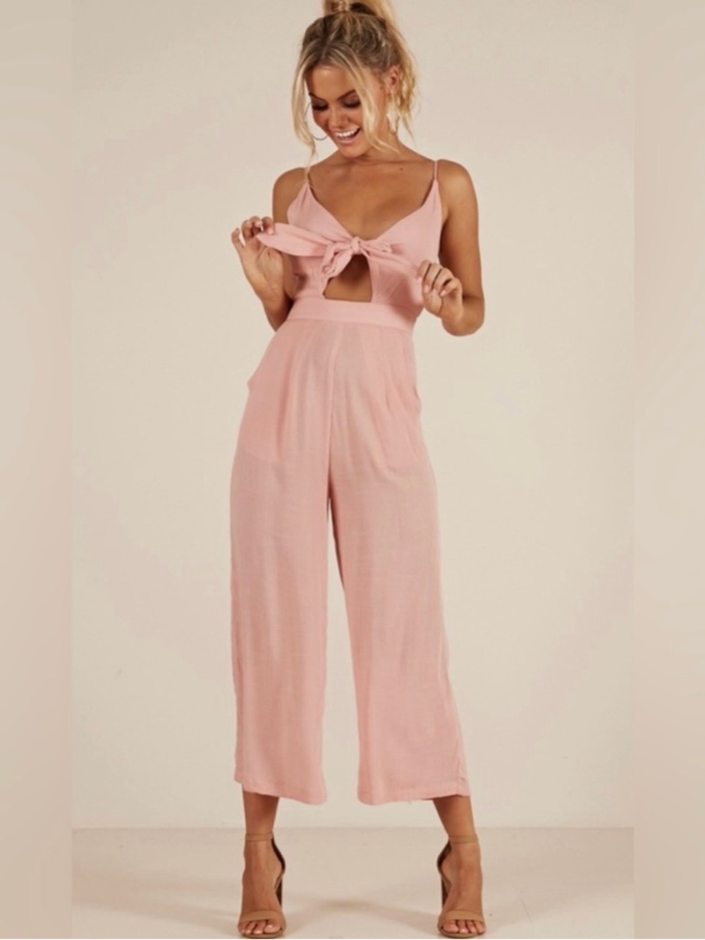 ISO- Spaghetti-Strap Tie-Front Jumpsuit in Blush Pink